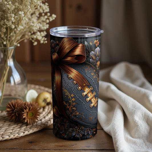 Football Themed Tumbler with Brown Ribbon and Flowers