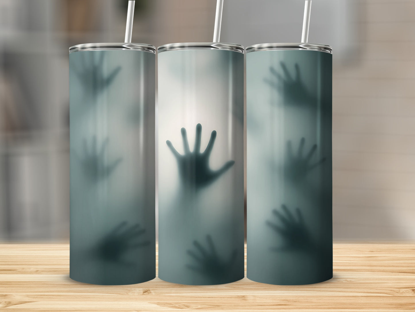 Three tumblers with a translucent design of silhouetted hands pressing against glass.