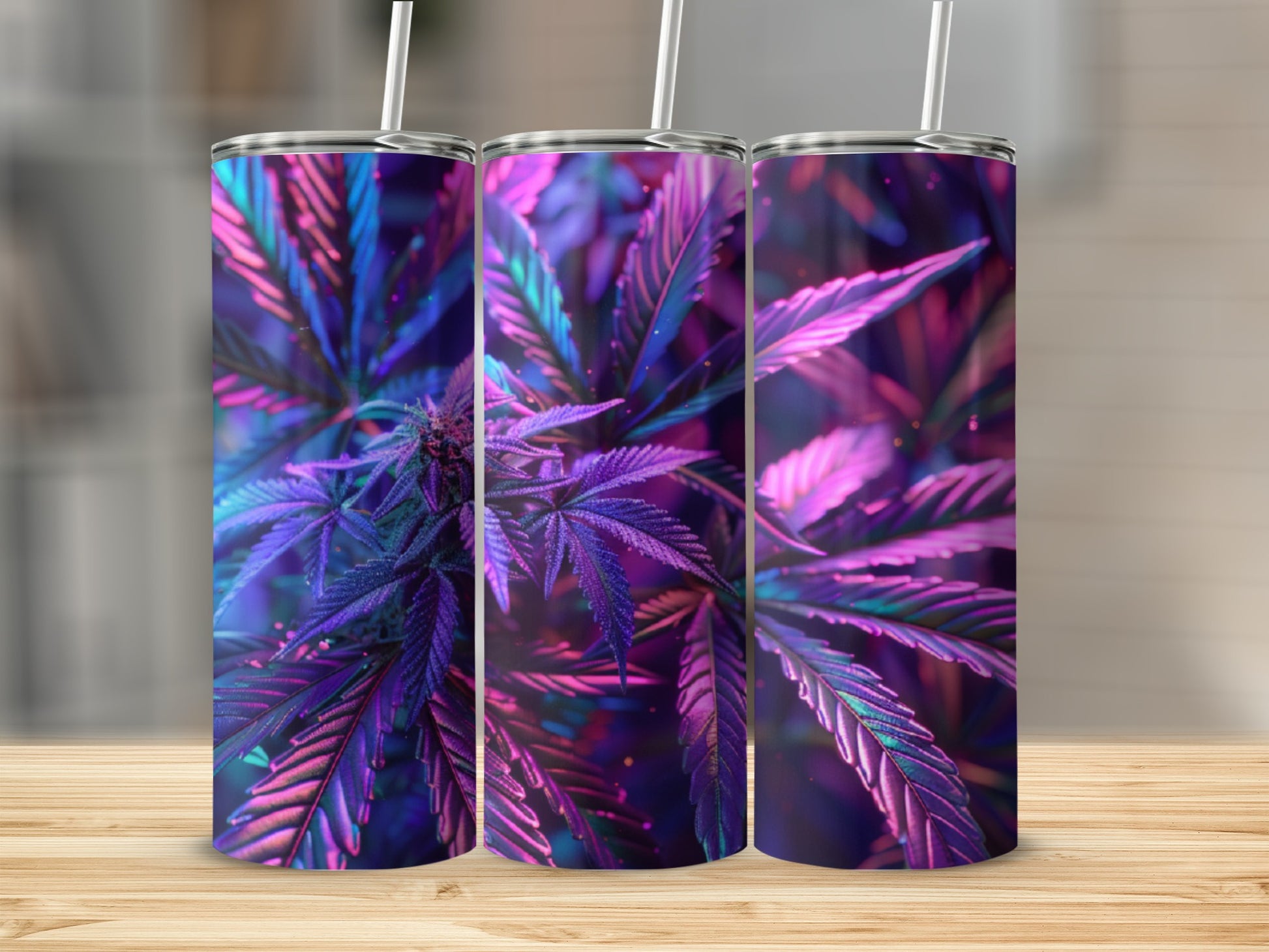 Cannabis leaves in purple and blue neon light.