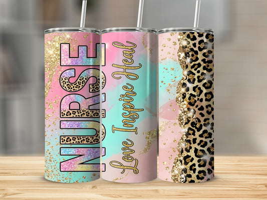 Nurse tumbler with colorful watercolor, leopard print, and glitter accents.