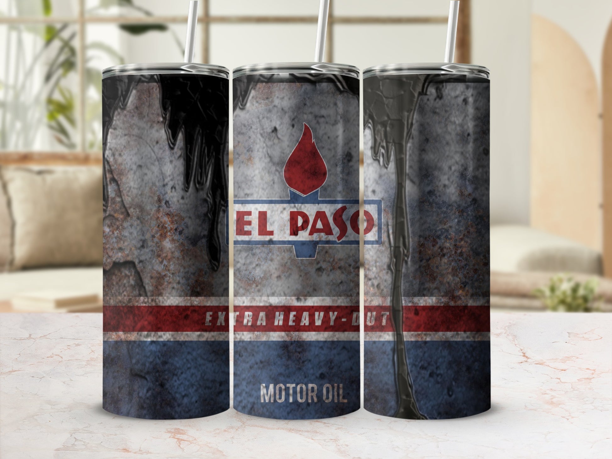 El Paso Motor Oil tumbler with distressed texture and drippy oil design.