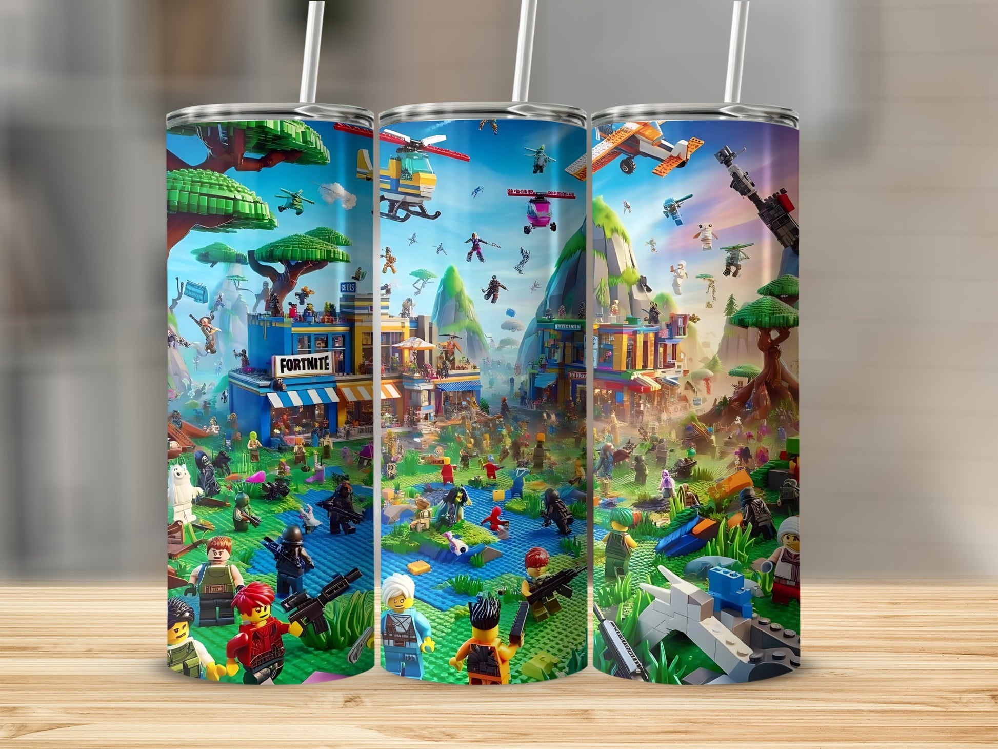 Colorful Battle Scene Tumbler with LEGO Figurines