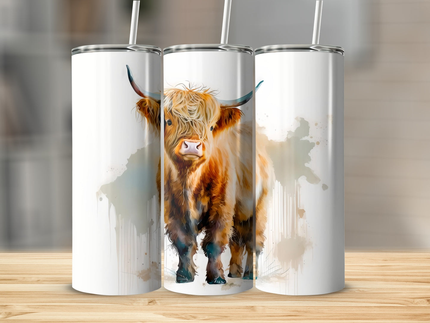 Highland Cow Art Tumbler with Built-in Straw Tumbler