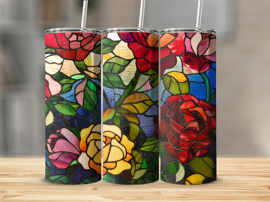 Three tumblers with stained glass rose floral patterns.