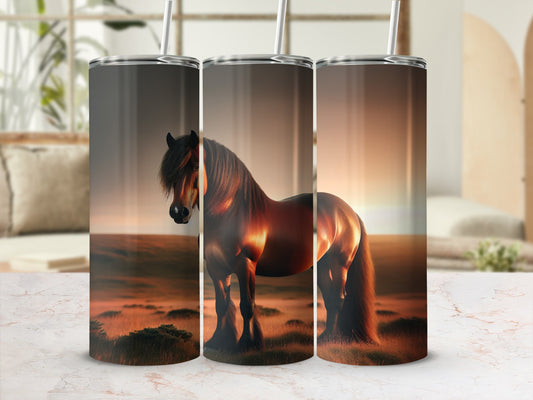 Tapered tumbler with a striking horse at sunset.