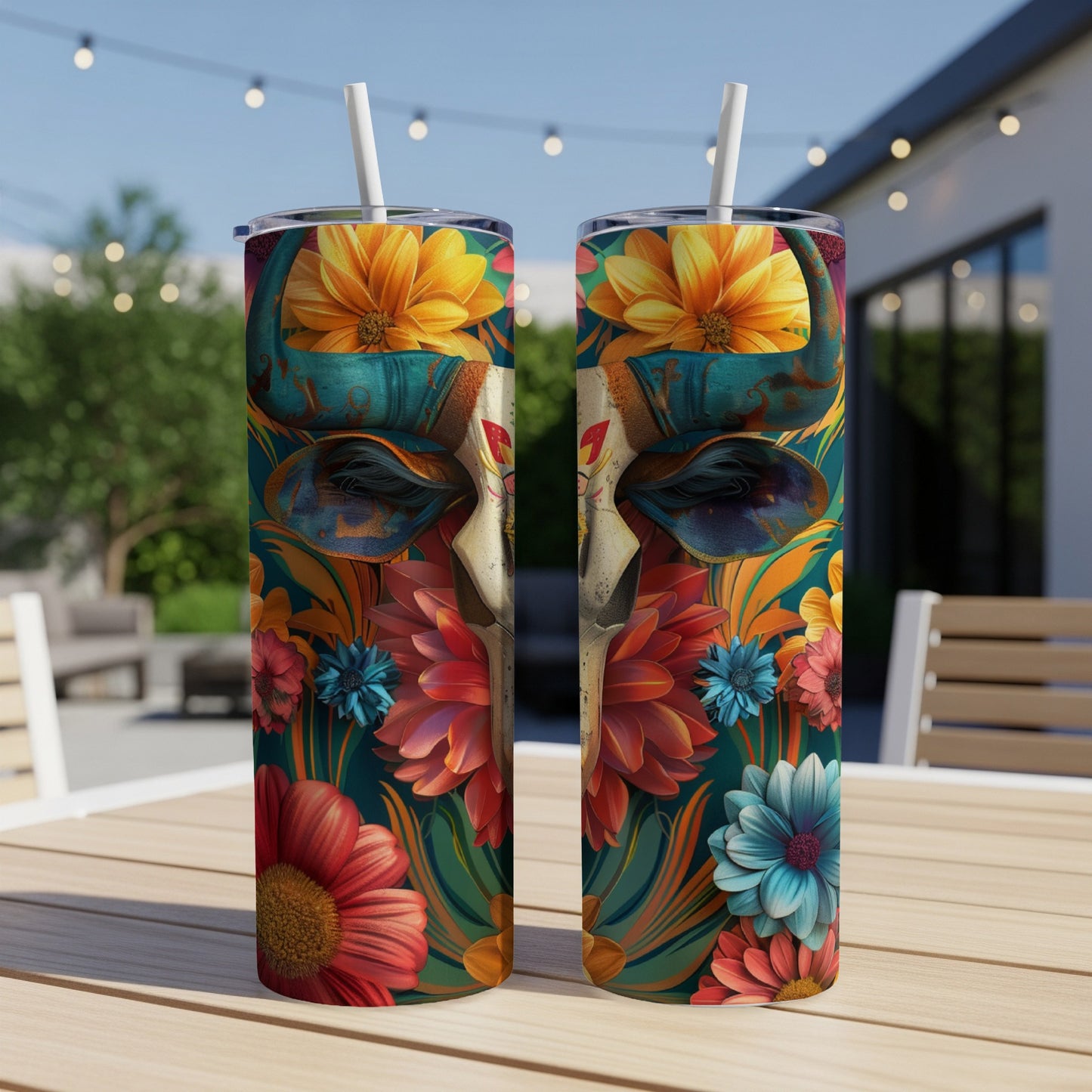 Two tumblers with a skull and floral design on a table.