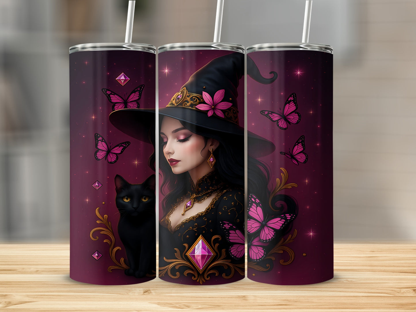Tumbler with witch, black cat, pink butterflies, and gems on a dark purple background.