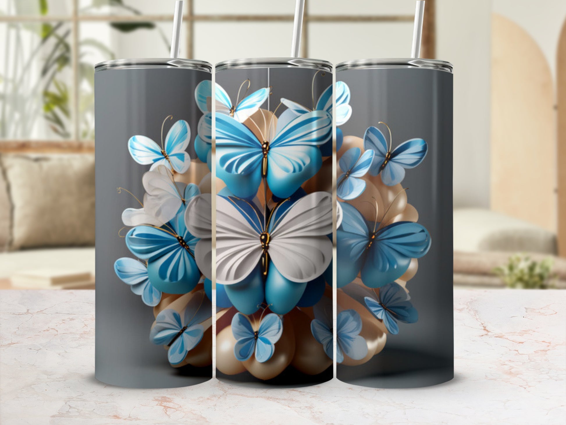 Three tumblers adorned with a cascading arrangement of blue and white butterflies.