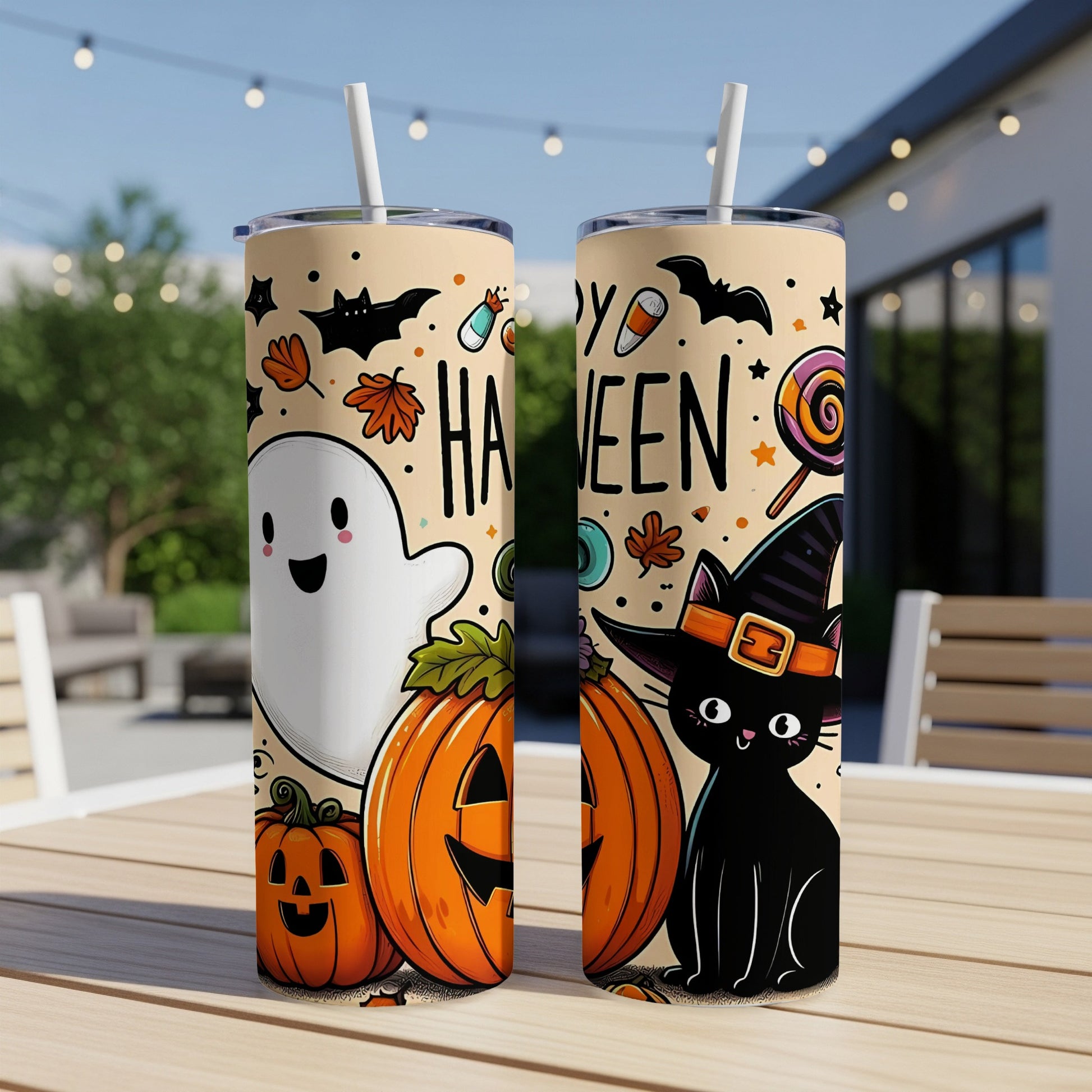 Halloween tumbler with ghost, pumpkins, black cat, bats, and candy on a light background.
