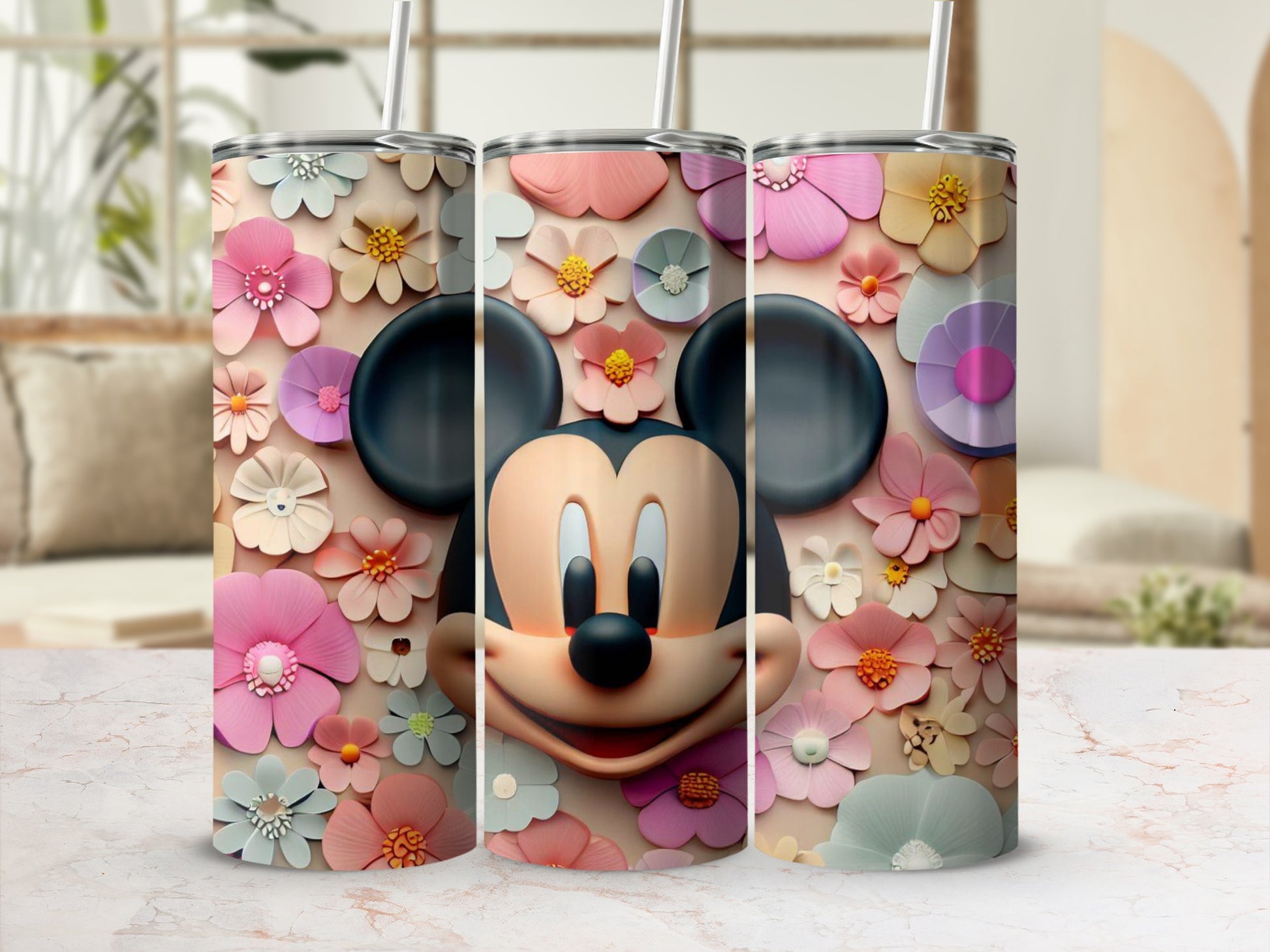 Floral Mickey Mouse Design Stainless Steel Tumbler Cups