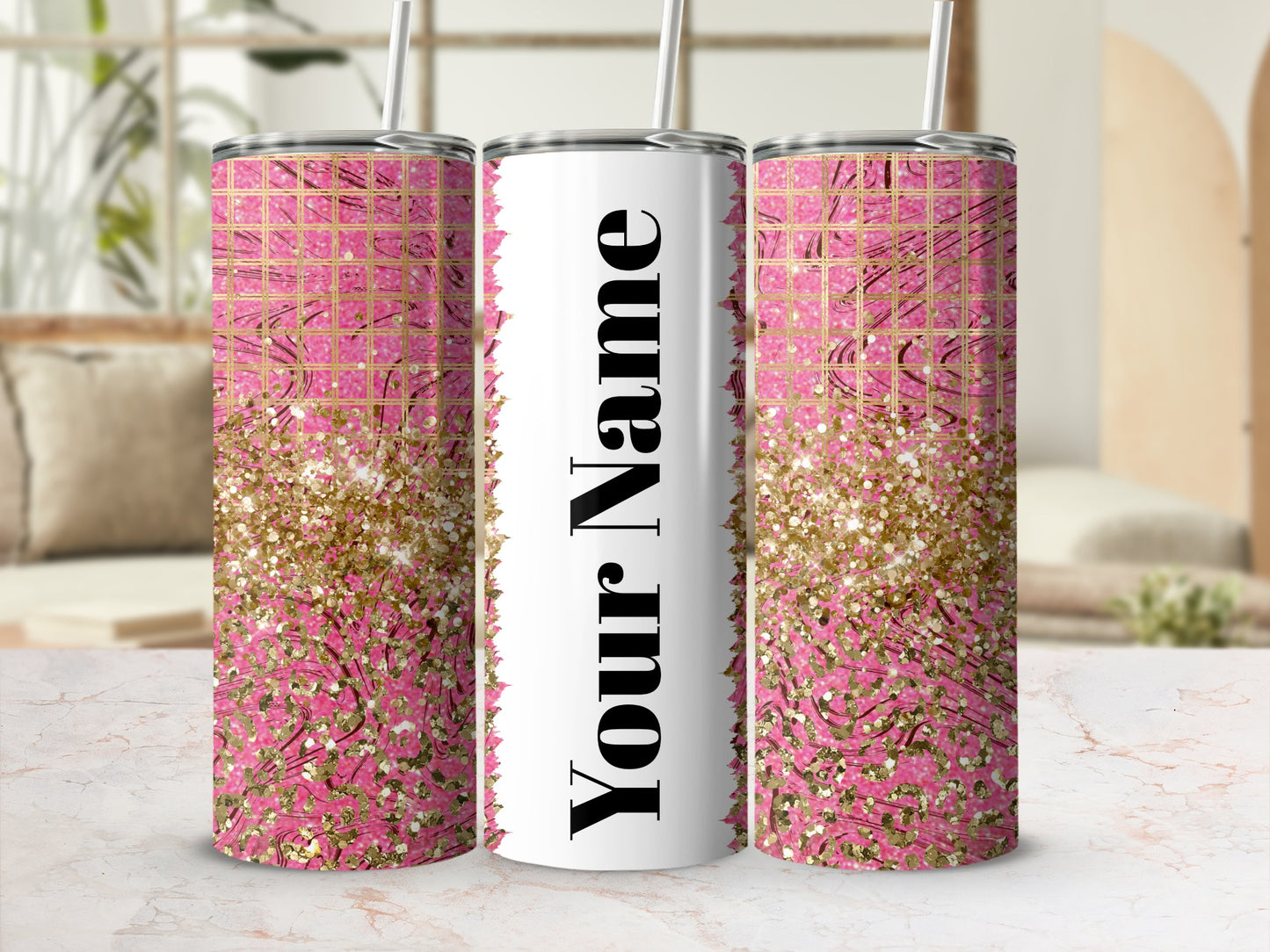 Personalized Pink Glitter and Gold Tumbler Customizable