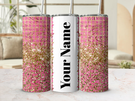 Personalized Pink Glitter and Gold Tumbler Customizable
