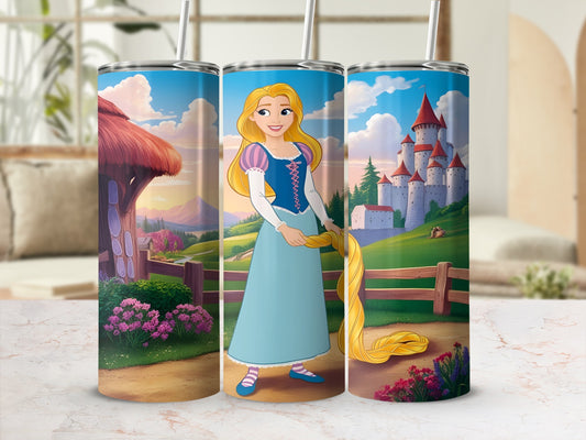 Rapunzel with long blonde hair stands outside a castle with a thatched roof.