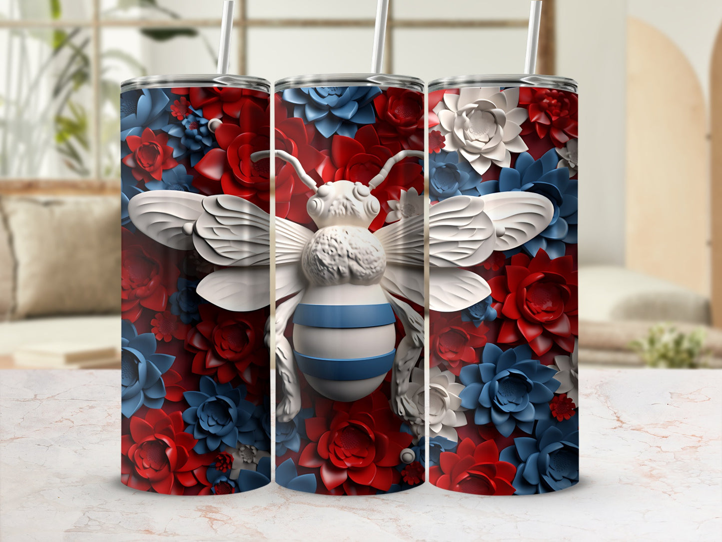 Three tumblers featuring a white bee on a red and blue floral background.