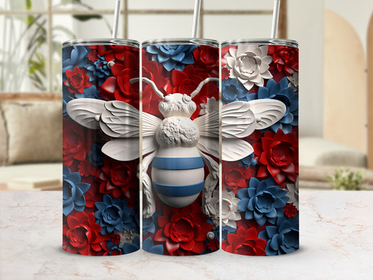 Three tumblers featuring a white bee on a red and blue floral background.