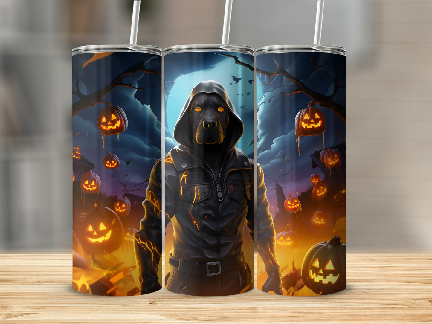Dog in hooded jacket with glowing eyes and jack-o'-lanterns in background.