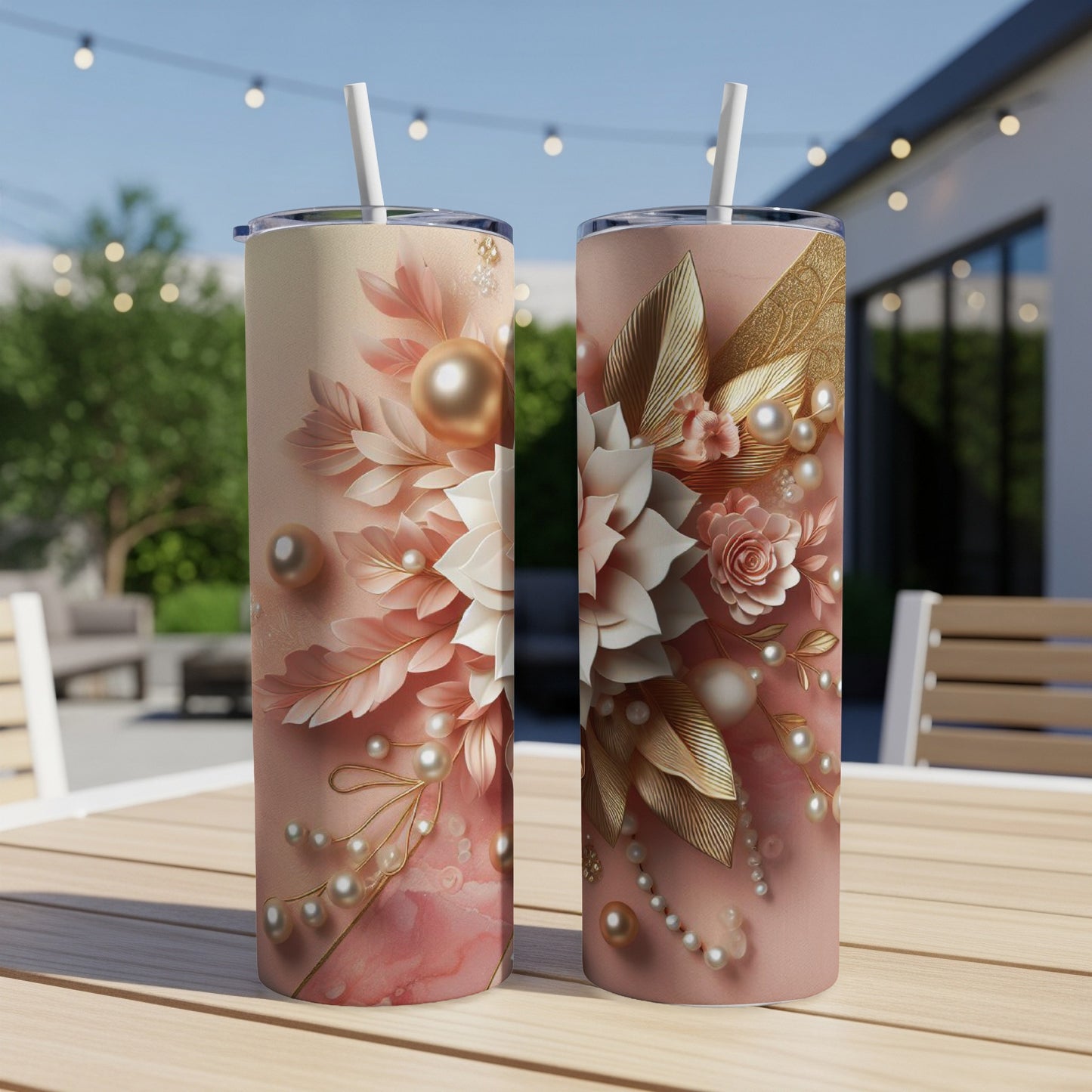 Two tall tumblers with floral, pearl, and gold leaf designs.