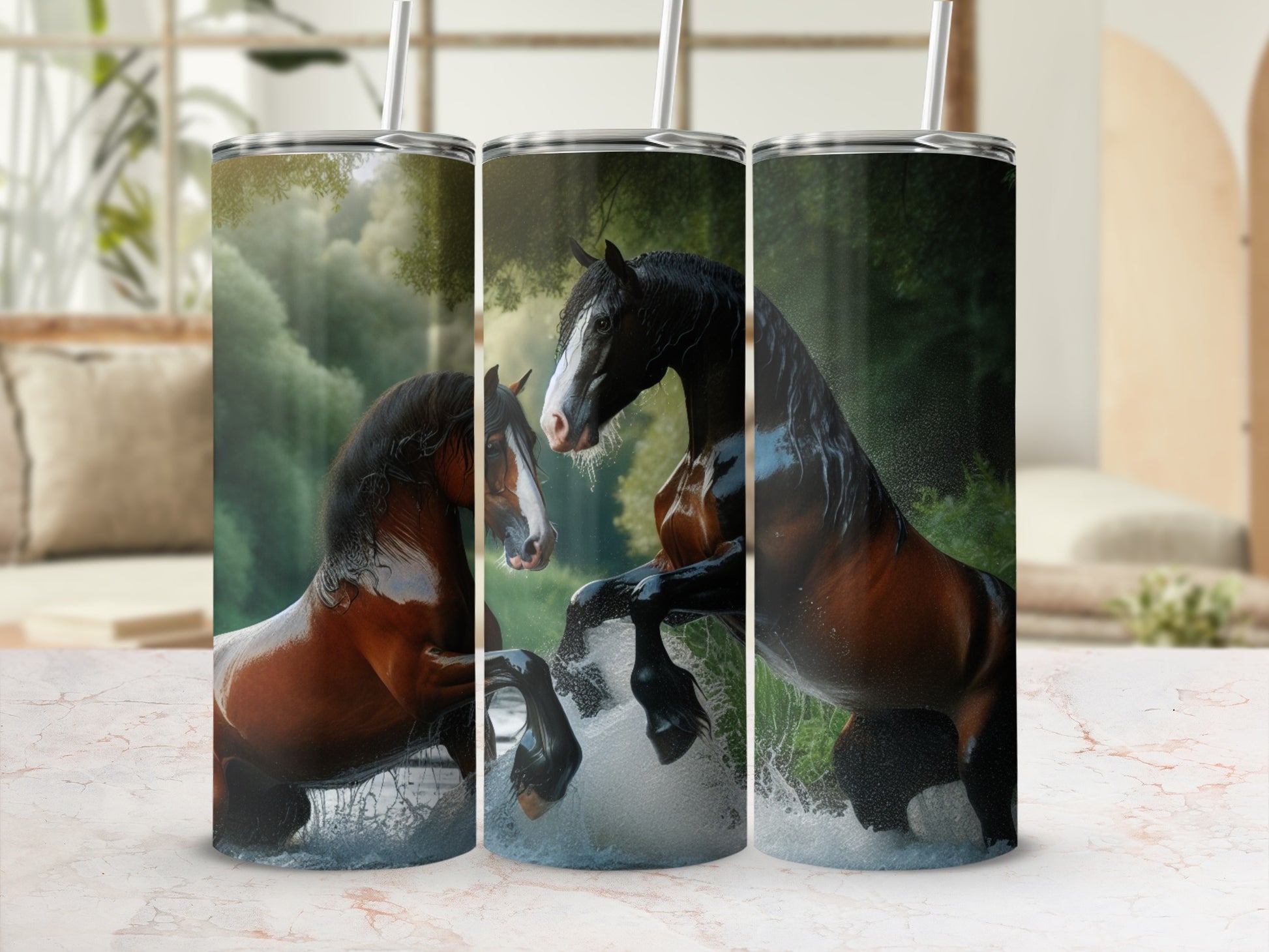 Three tumblers with a dramatic horse painting in water.