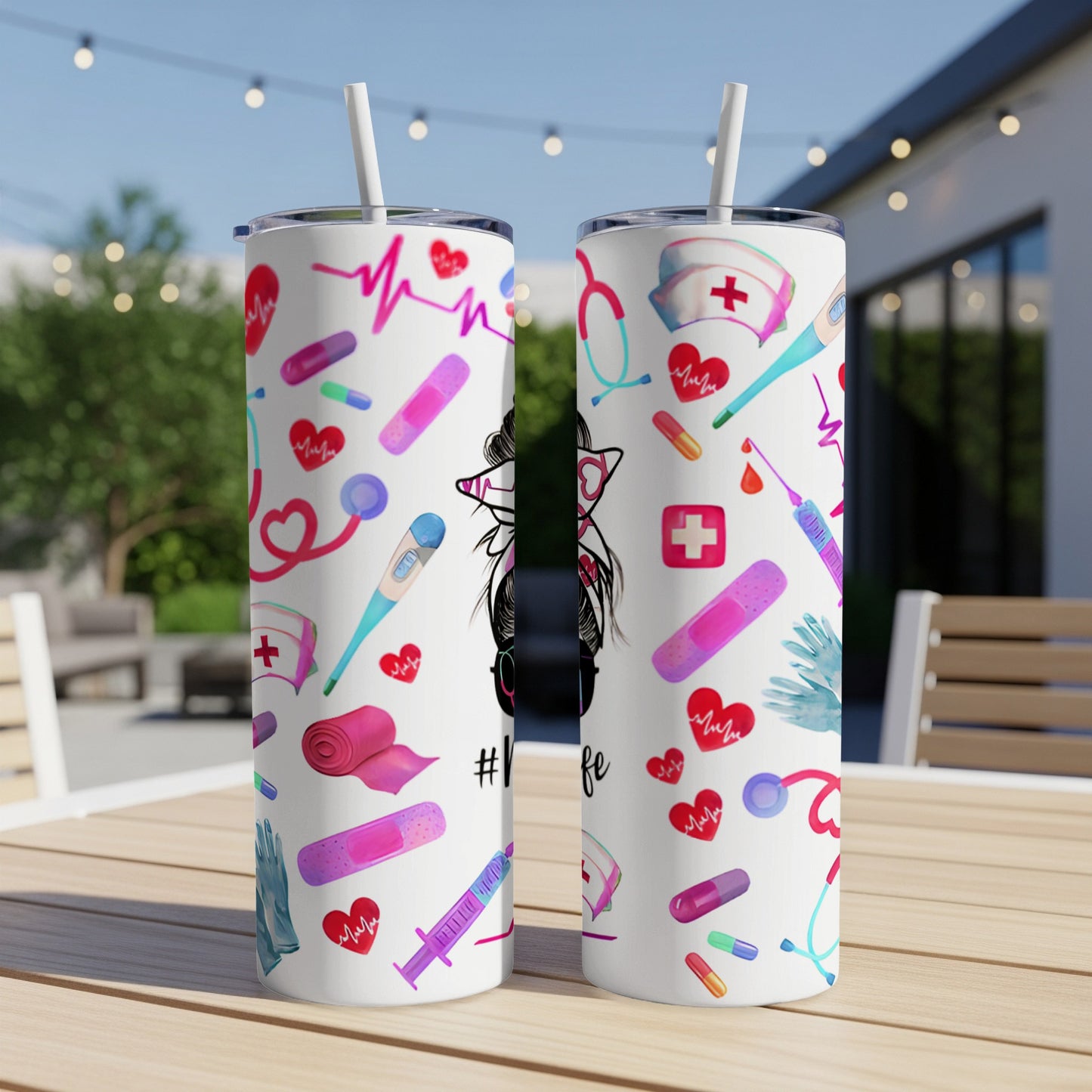 White tumbler with medical icons and "#NurseLife" text.