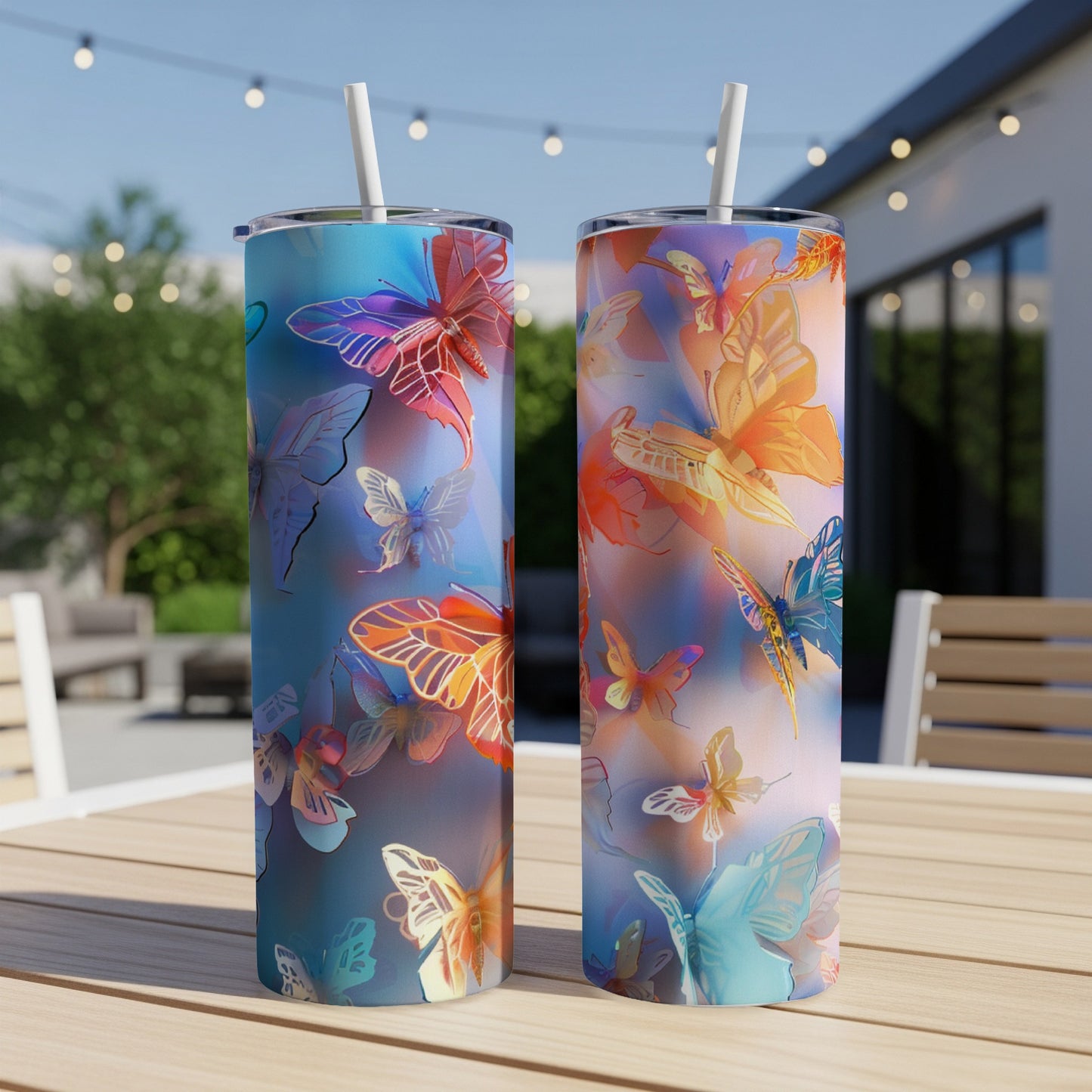 Two colorful butterfly-patterned tumblers on a wooden table.