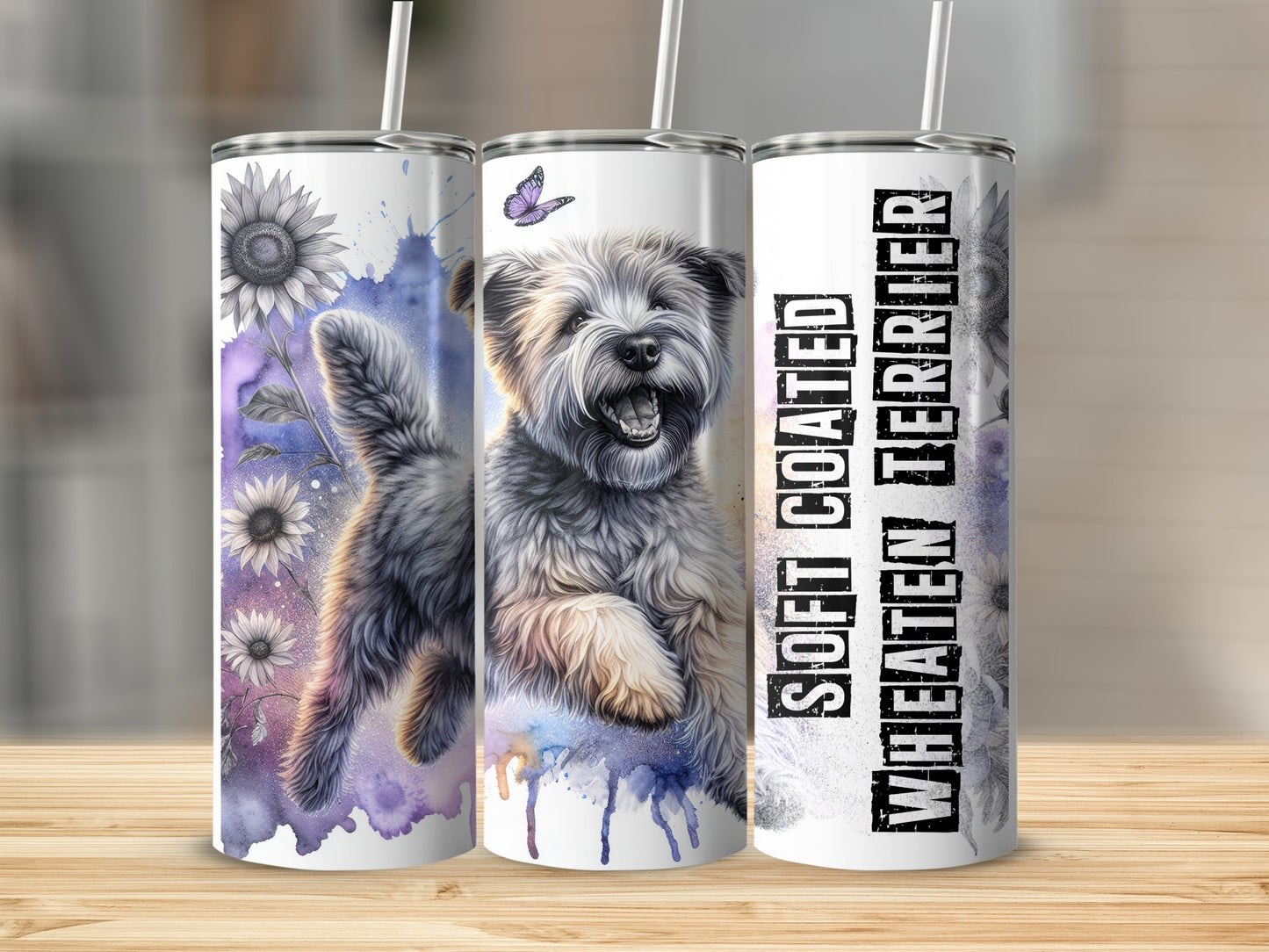Wheaten terrier illustration on a tumbler with sunflowers and watercolor splashes.