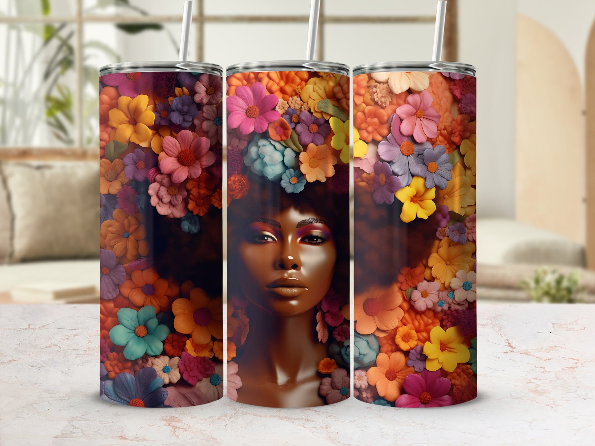 Tumbler with floral afro portrait of a woman against a blurred background.
