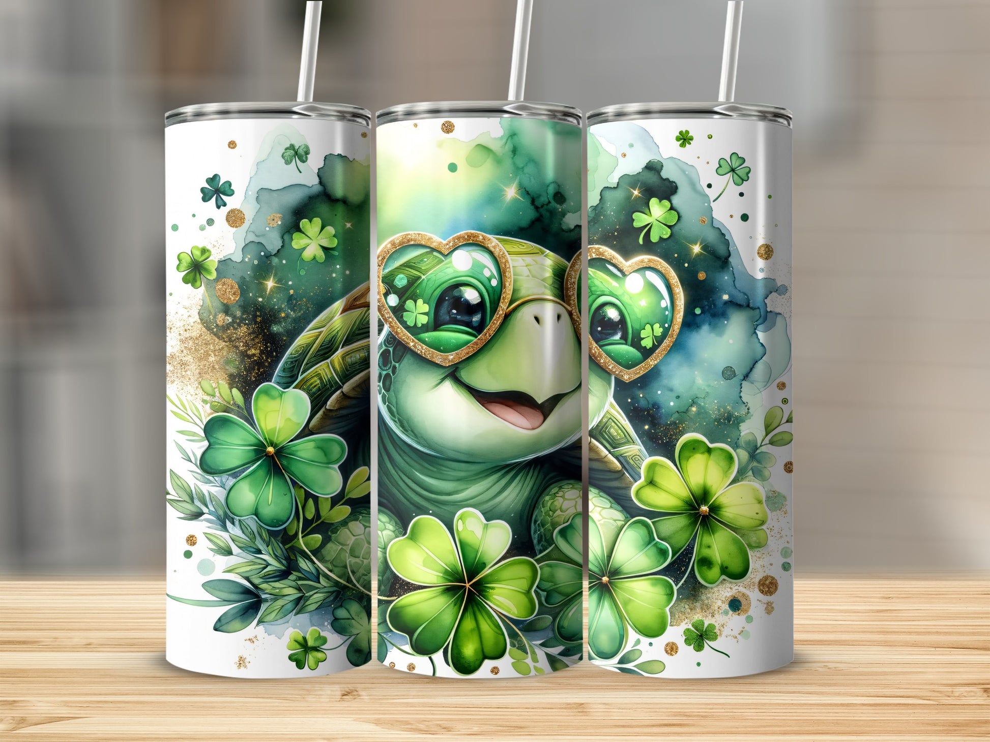 Turtle wearing heart-shaped glasses with shamrocks and glitter.