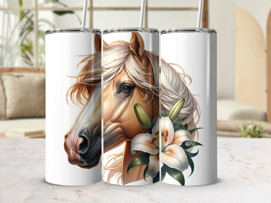 Horse head with lilies on a sublimation tumbler.