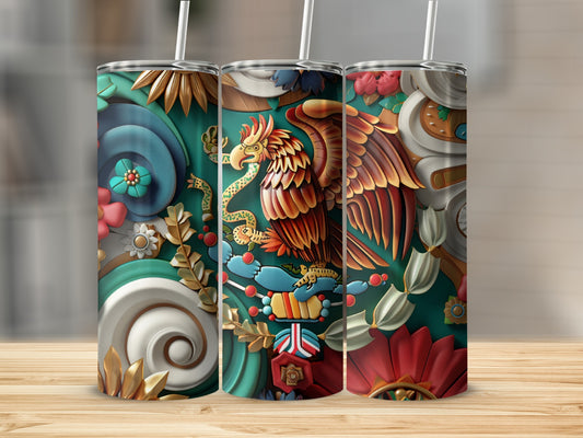 Three tumblers featuring a detailed Mexican eagle emblem and floral designs.