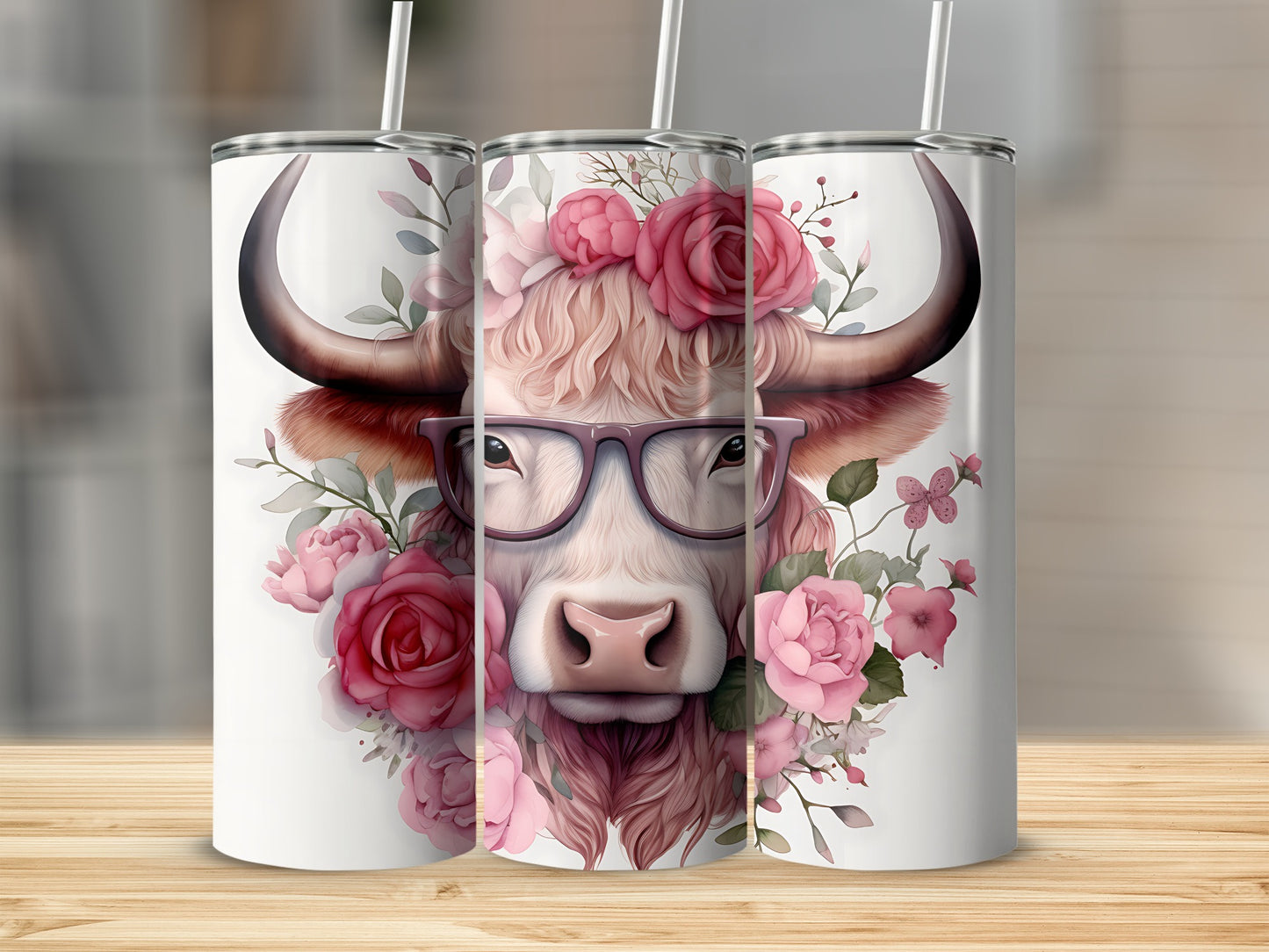 Cow wearing glasses and a flower crown, with roses and greenery.