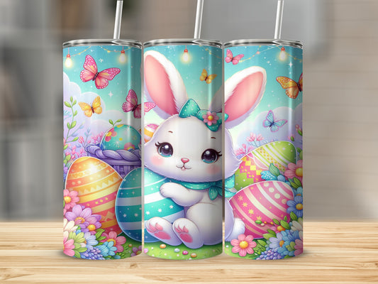 Easter bunny with colorful eggs and butterflies on a tumbler.
