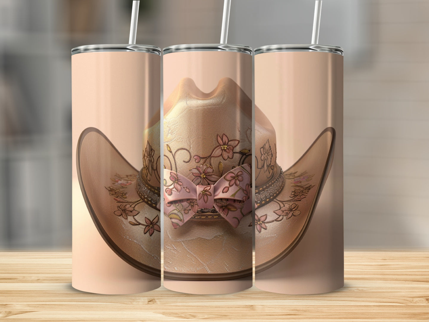 Cowboy hat with pink floral pattern and bow on a tumbler.