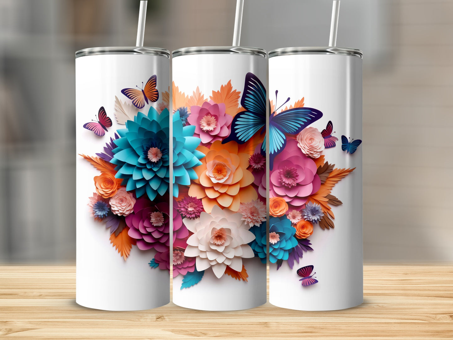 Vibrant Floral Butterfly Design Tumbler Stainless Steel