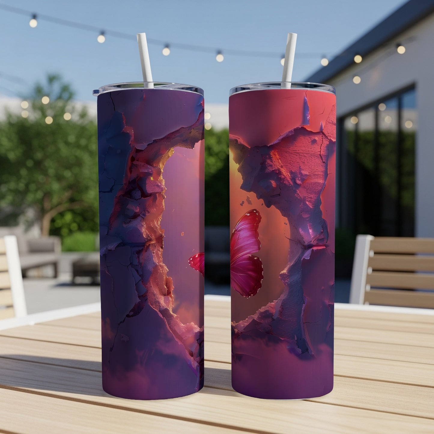 Two iridescent tumblers featuring a vibrant pink butterfly against a textured, purple and pink background.