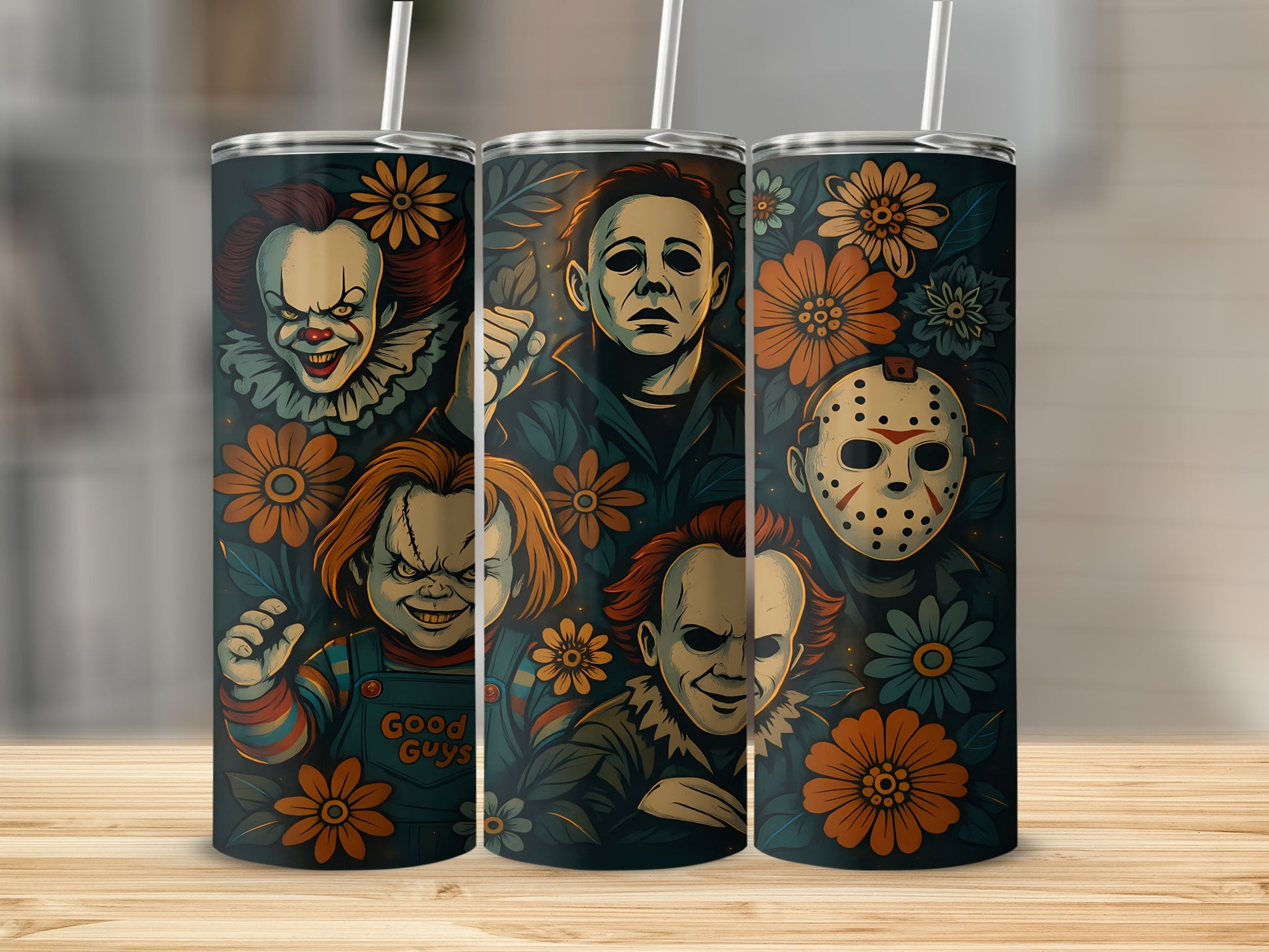 Tumblers featuring Pennywise, Chucky, Michael Myers, and Jason Voorhees with floral accents.