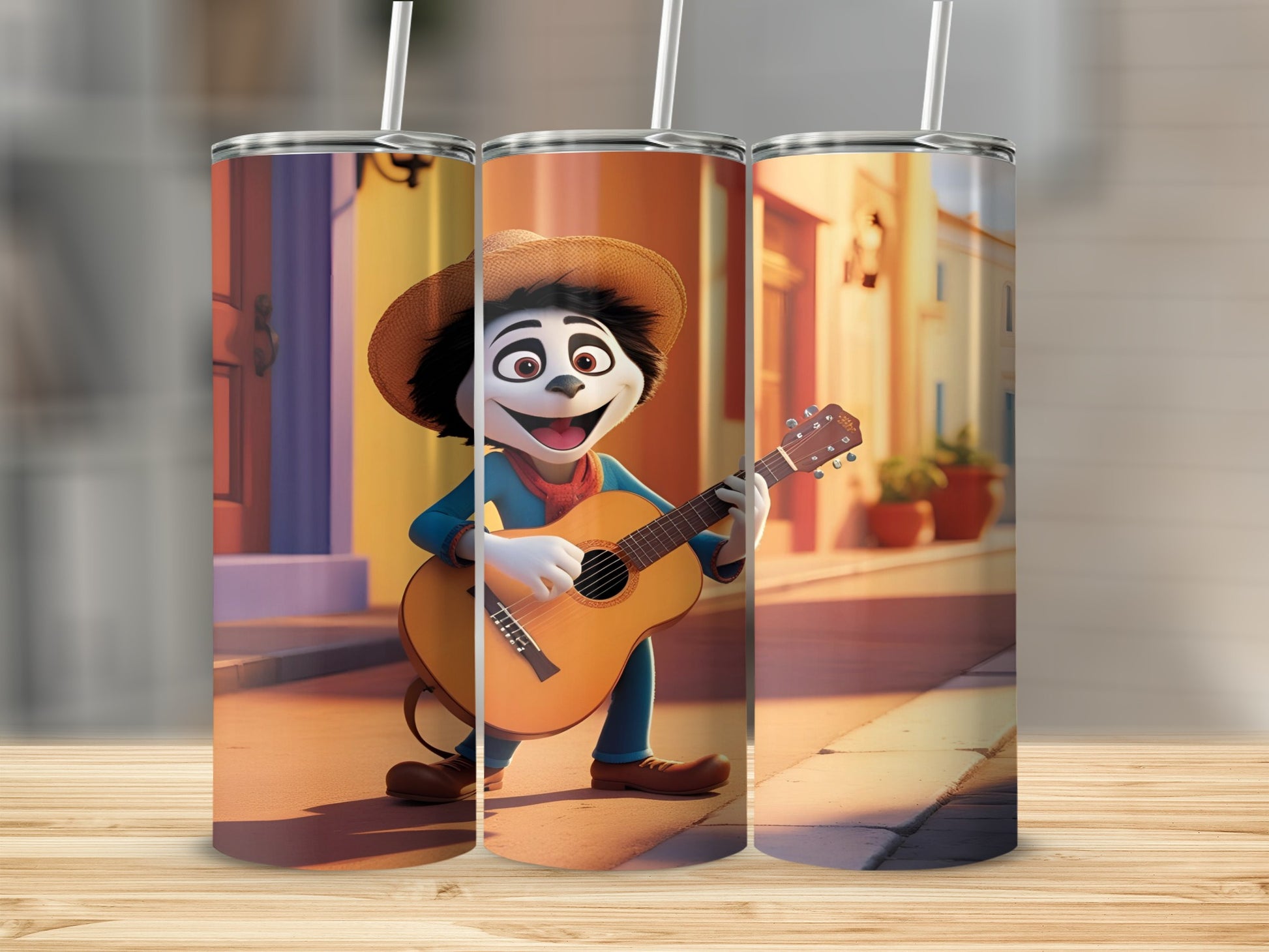 Cartoon character with straw hat playing acoustic guitar in a street.