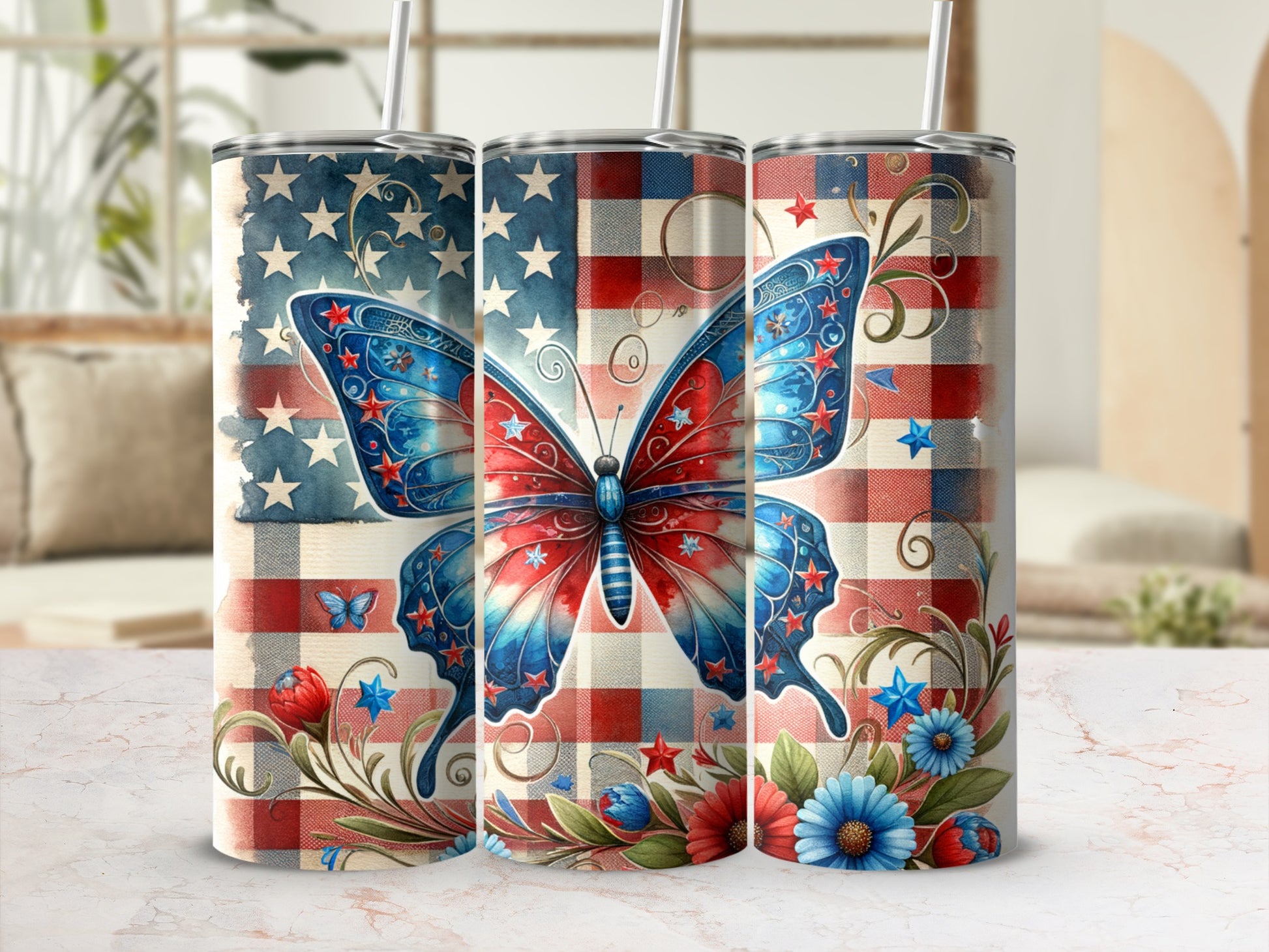 USA flag butterfly tumbler with red, white, and blue stars and flowers.