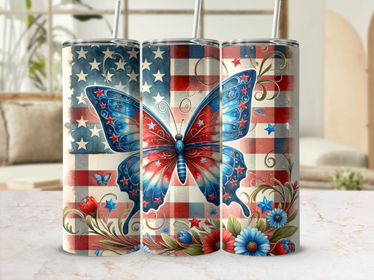 USA flag butterfly tumbler with red, white, and blue stars and flowers.