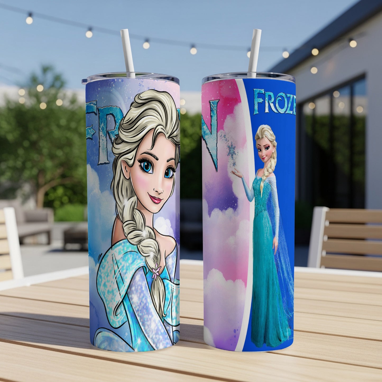 Two tumblers featuring Elsa from Frozen with a pastel, cloudy background.