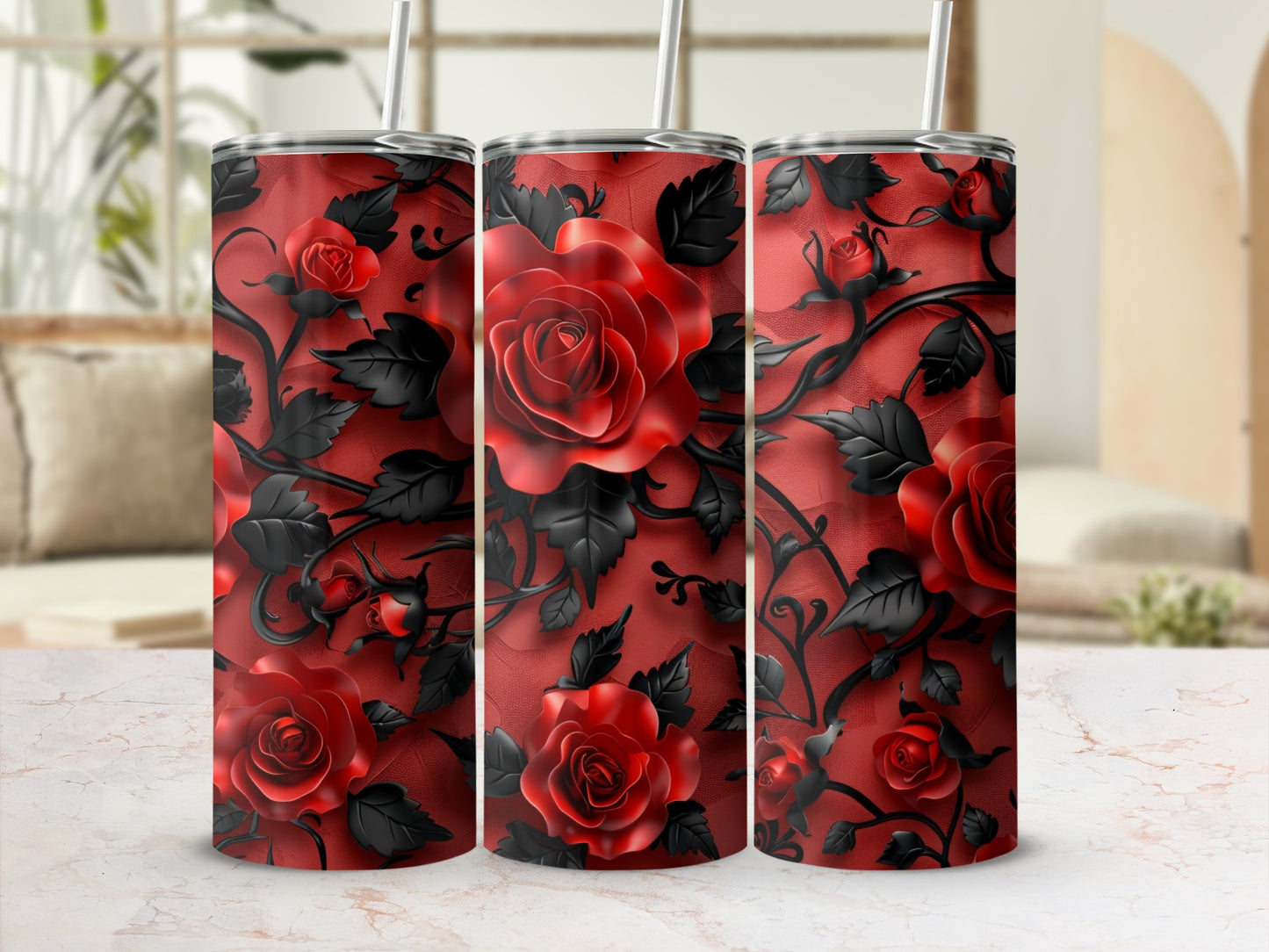 Three tumblers with a red rose and black vine pattern.