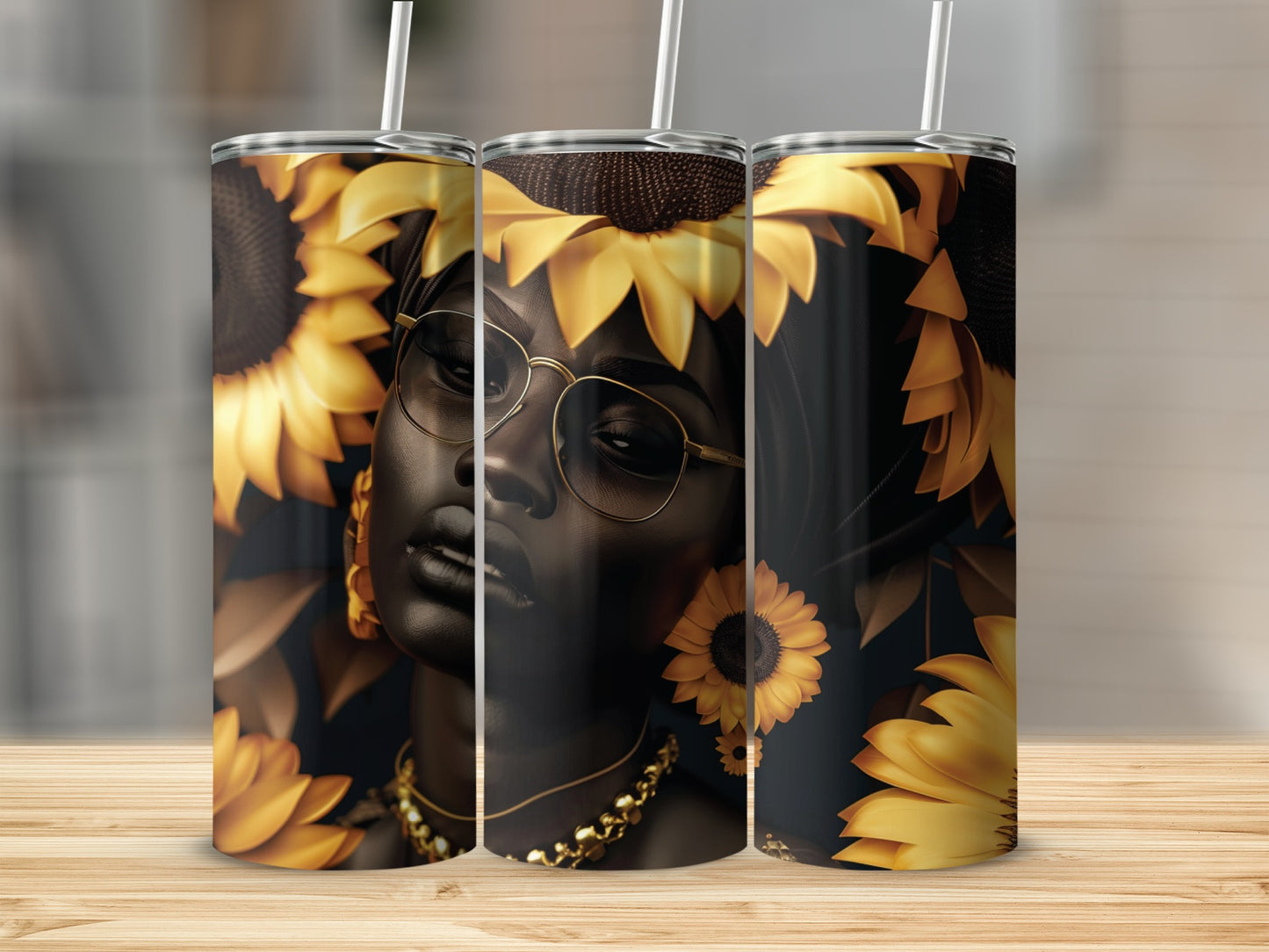 Woman with sunflowers and gold jewelry on a black background.
