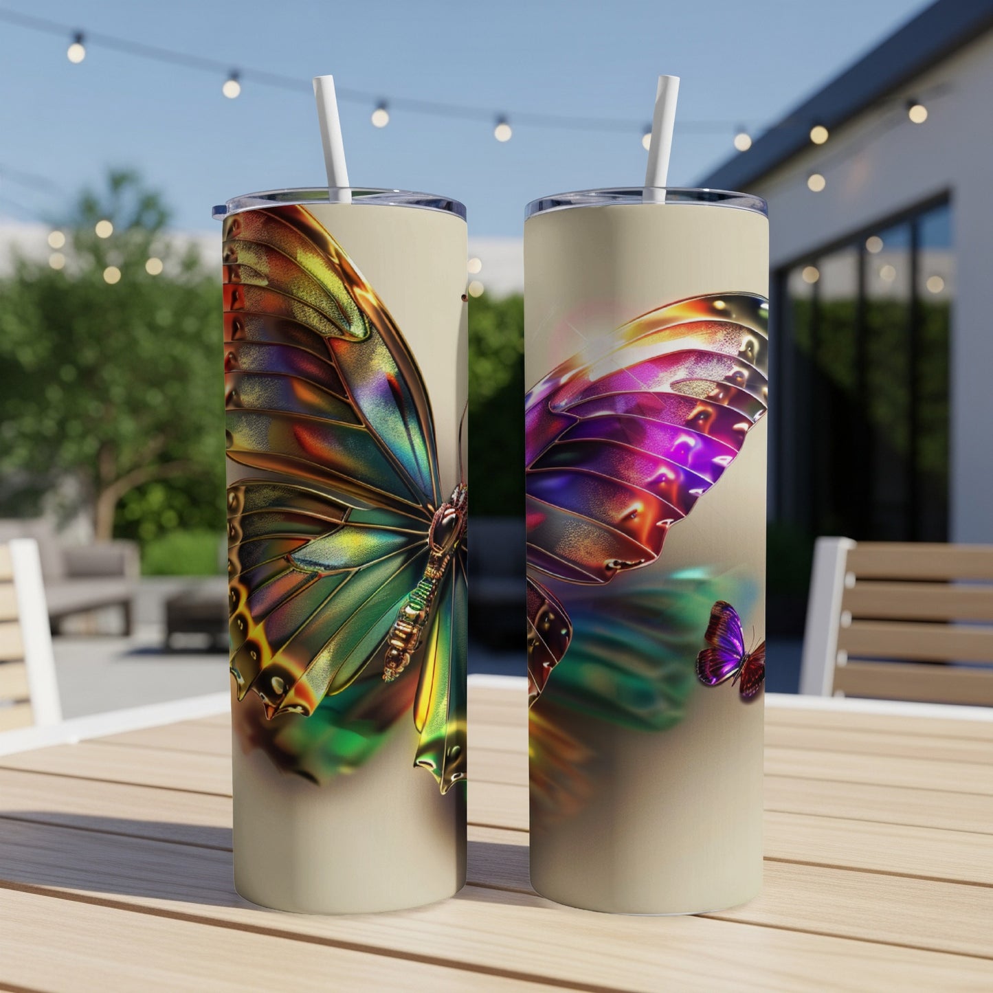 Two tumblers with iridescent butterfly designs on a wooden table outdoors.