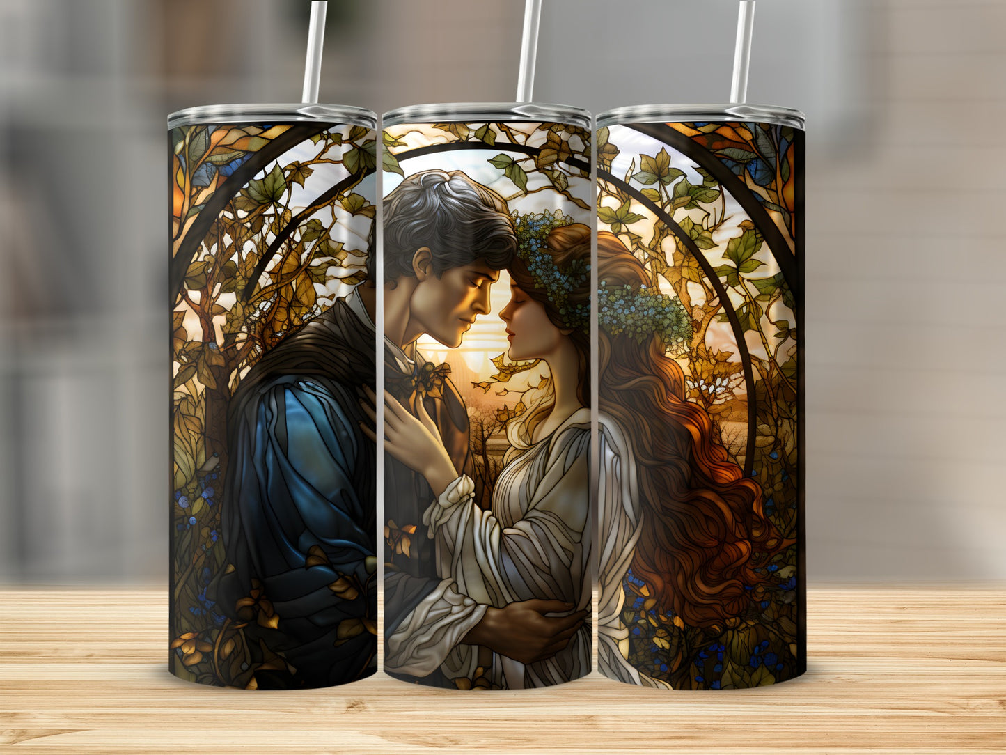 Couple in stained glass style embracing with floral and berry accents.