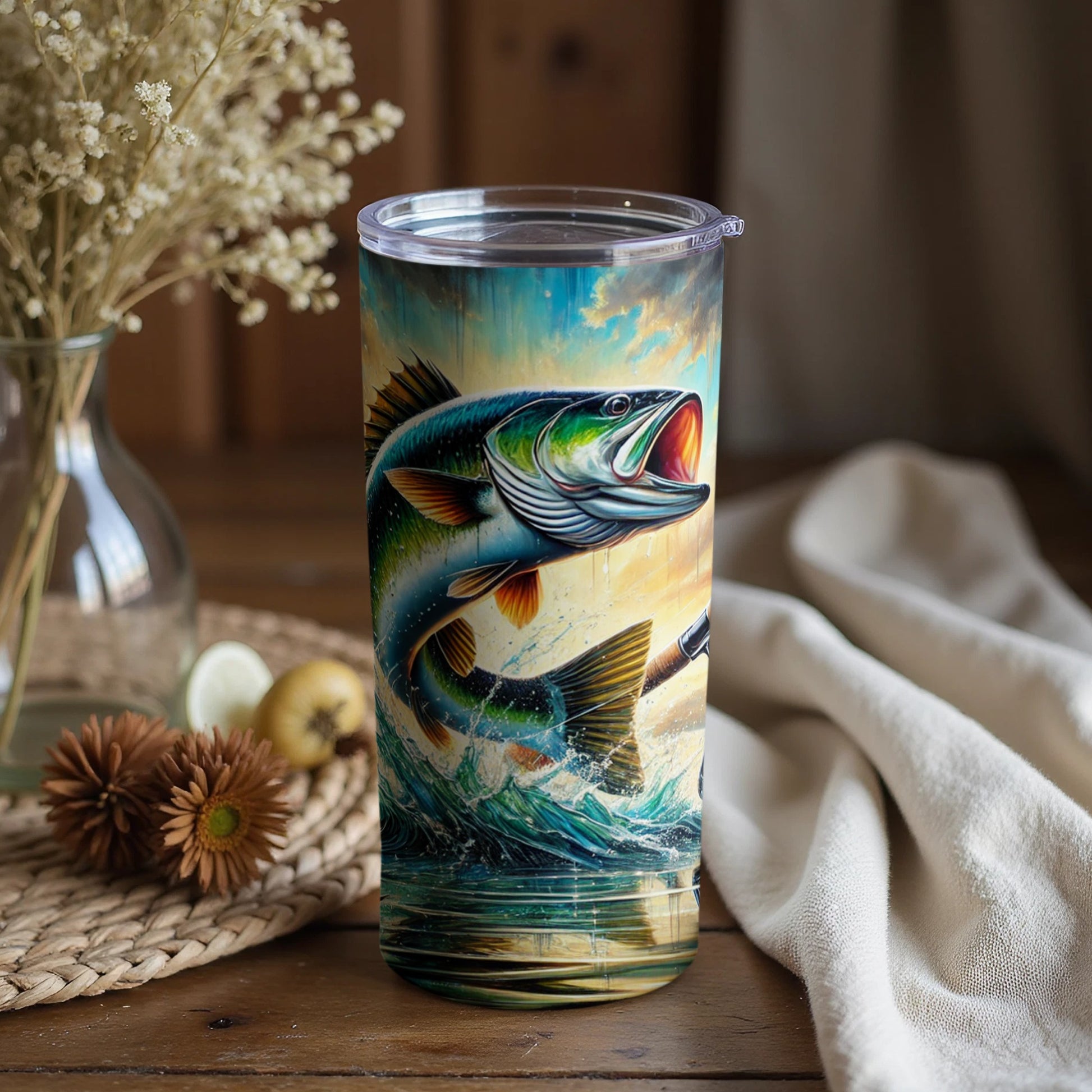 Vibrant Fishing Scene Tumbler for Outdoor Enthusiasts