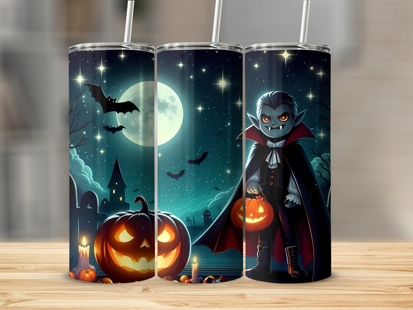 Halloween tumbler with vampire, jack-o'-lantern, bats, and full moon at night.