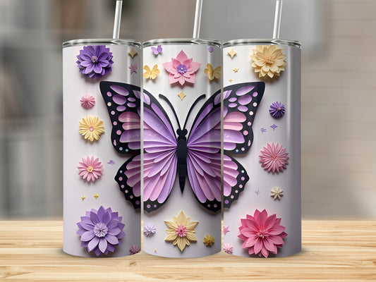 Three tumblers with purple butterfly and floral designs.