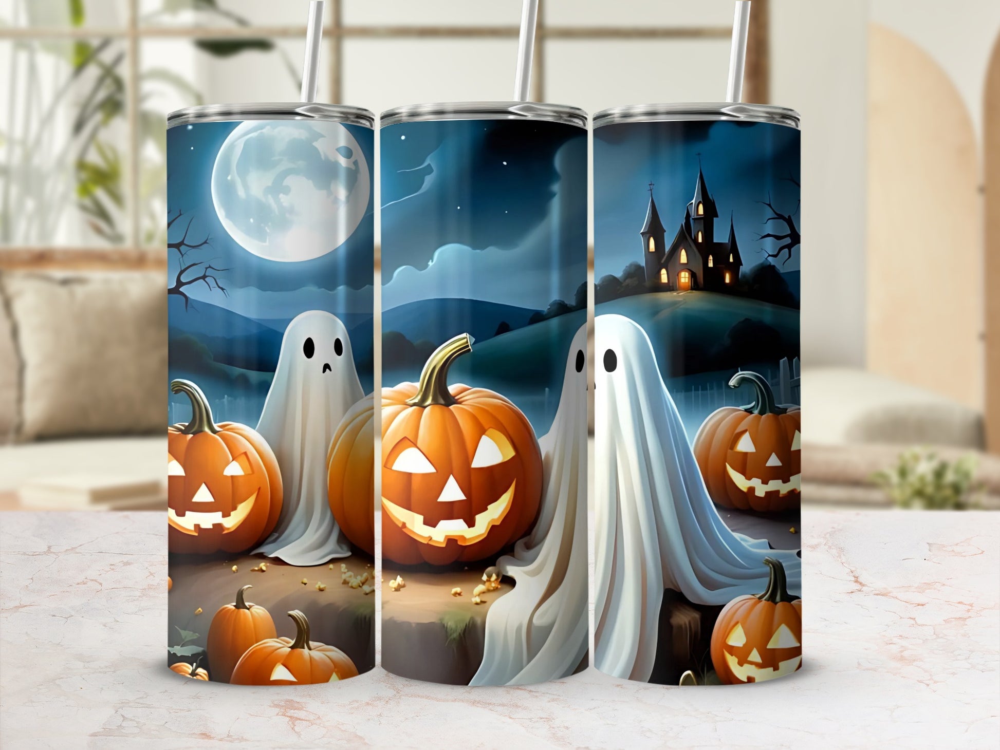 Three tumblers with Halloween ghosts, pumpkins, and a haunted castle under a full moon.