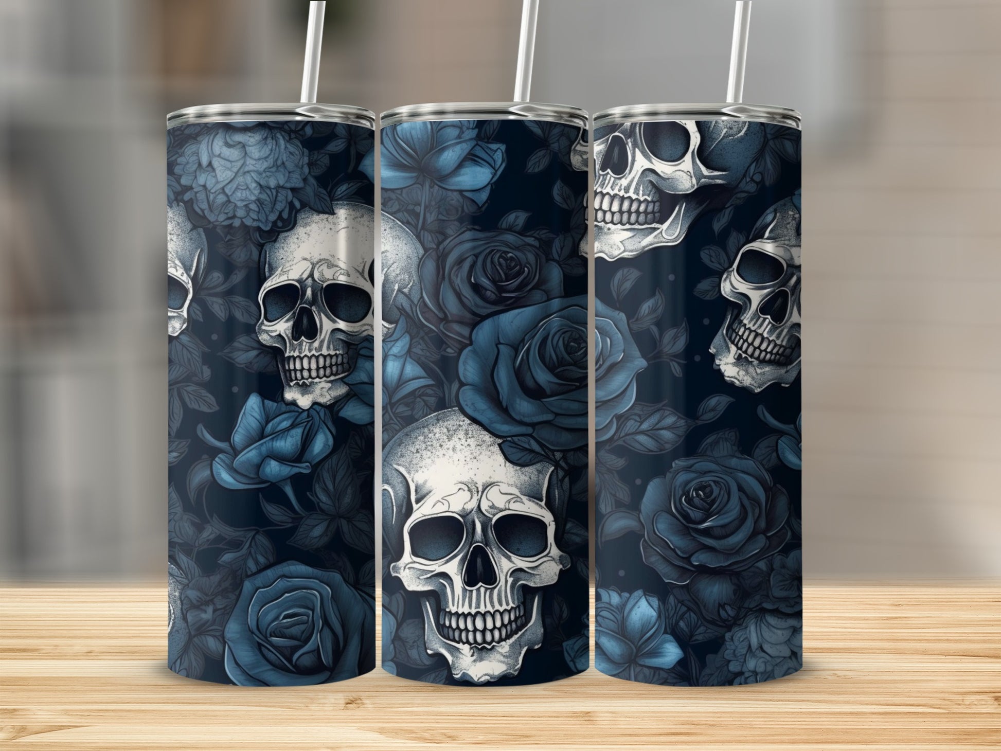Skull and Blue Rose Design Stainless Steel Tumbler