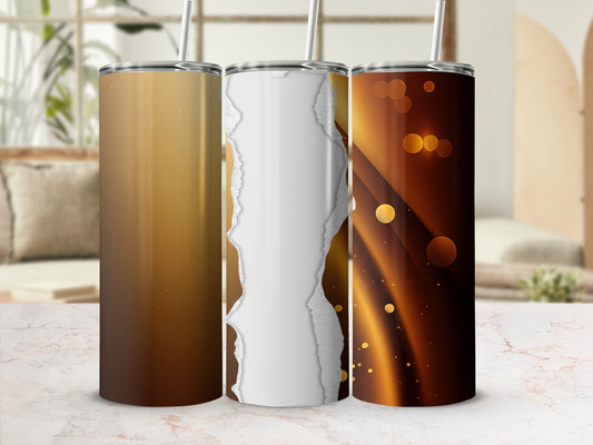 Three tumblers with golden, torn paper, and bokeh light designs.
