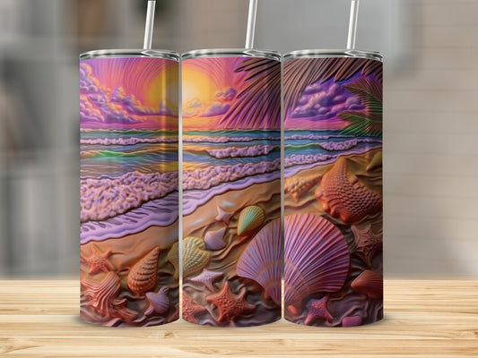 Three tumblers with a beach sunset scene, shells, and palm leaves.